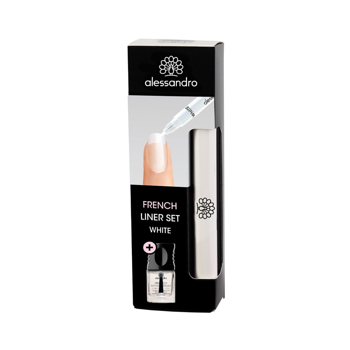 Комплект за френски маникюр Alessandro French Liner Set White в черно-бяла опаковка