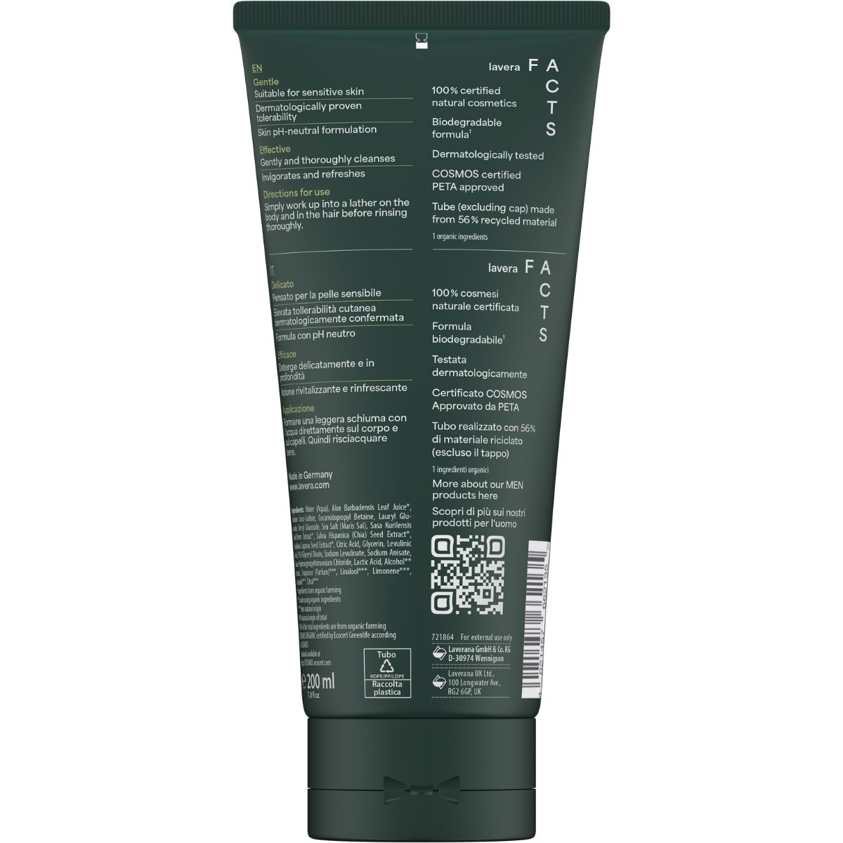 lavera Men Sensitiv витализиращ 3 в 1 душ-шампоан за коса, лице и тяло